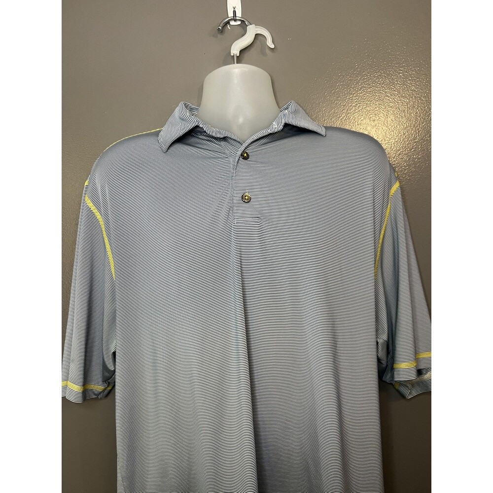 FootJoy Polo Shirt Mens Large Blue White Stripe Golf Yellow Performance Stretch